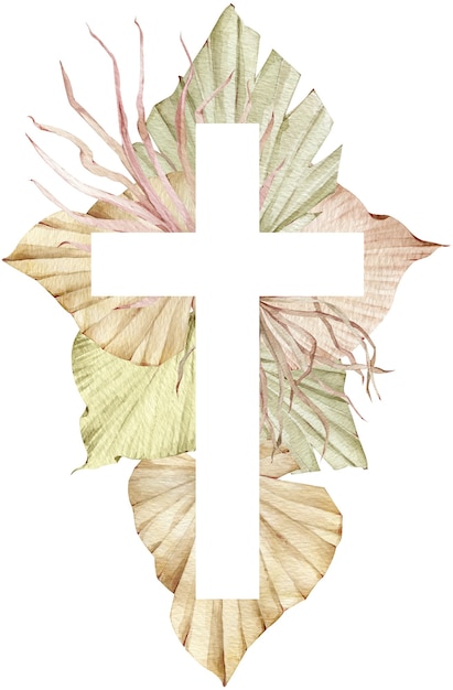 Foto ilustración acuarela de una cruz decorada con hojas de palmeras tropicales