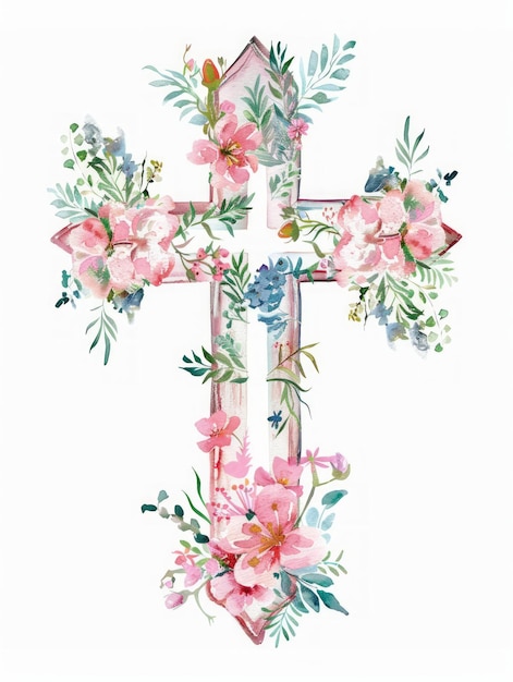 Ilustración de acuarela con cruz floral de Pascua IA generativa