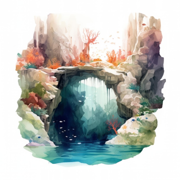 Ilustración acuarela de una cueva con una cascada en el medio