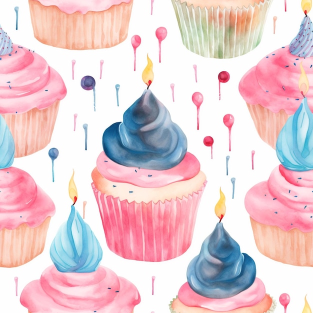 Una ilustración en acuarela de cupcakes con una vela encima.