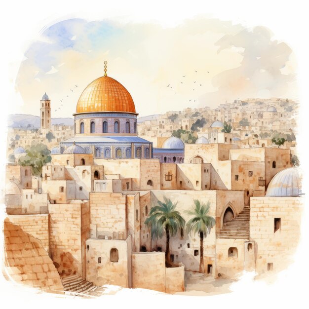 Foto una ilustración en acuarela de la cúpula de la roca en jerusalén