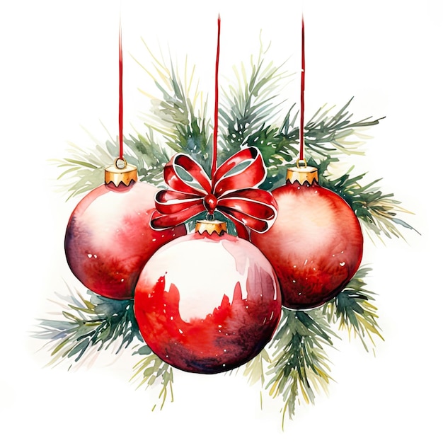 Ilustración en acuarela decoración de Navidad con bolas rojas