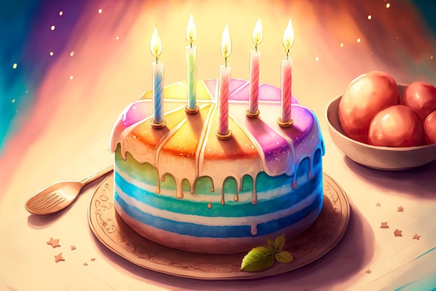 Ilustración acuarela de decoraciones de cumpleaños de pastel