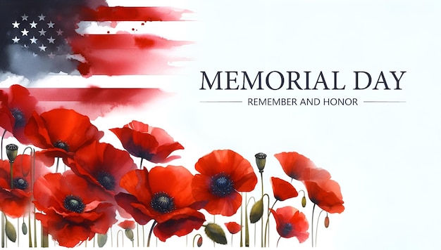 Foto ilustración en acuarela para el día de la memoria con bandera estadounidense y amapolas rojas