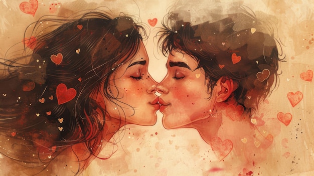 Ilustración en acuarela del Día Mundial del Beso Silueta de una pareja enamorada besándose sobre un fondo rojo