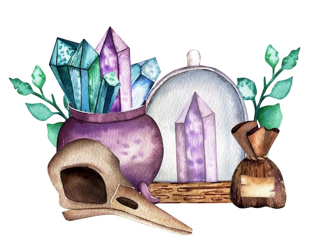 Ilustración en acuarela dibujada a mano cráneo de cuervo caldero de brujas con cristales bolsa de lona de cúpula de vidrio