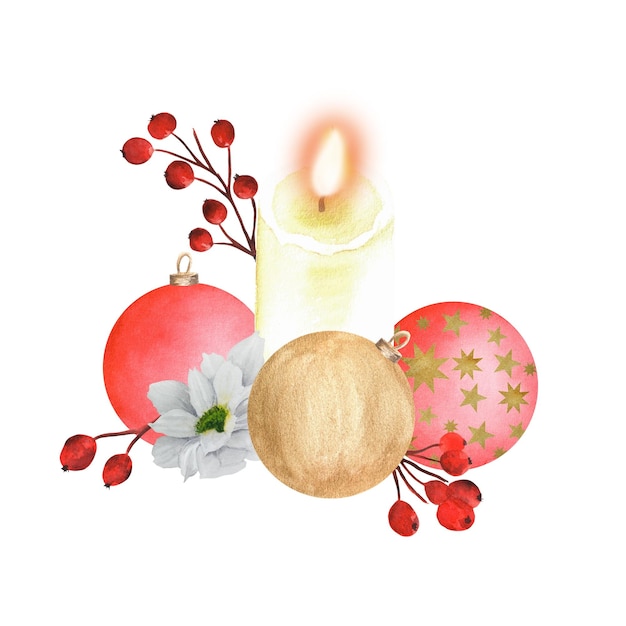 Ilustración de acuarela dibujada a mano decoración de invierno con bolas de cristal bayas rojas y velas encendidas