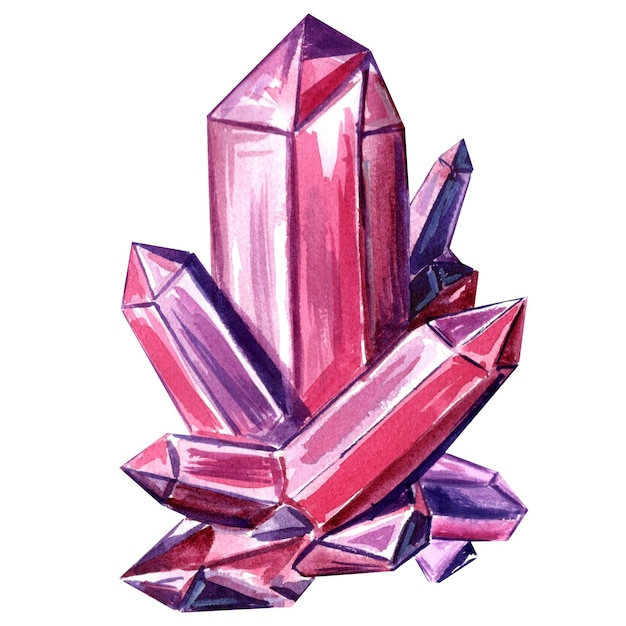 Ilustración en acuarela dibujada a mano de una ilustración JPEG de cristal rosa y púrpura