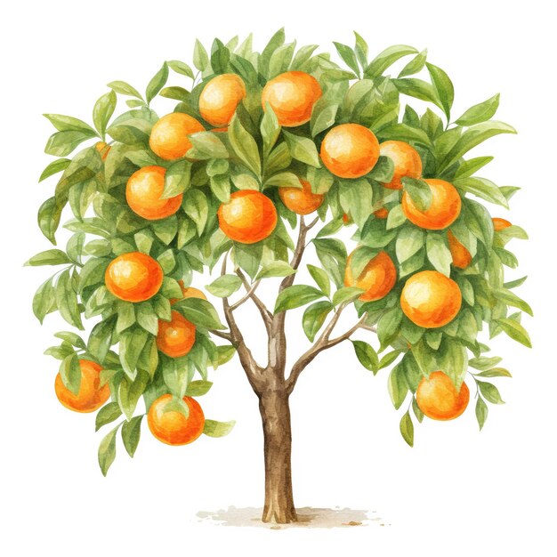 Foto ilustración a acuarela dibujada a mano de un naranjo exuberante con frutos maduros perfecta para ilustraciones de arte botánico, alimentos y temas agrícolas