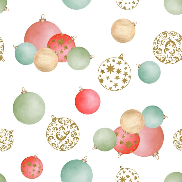 Ilustración de acuarela dibujada a mano con un patrón sin costuras con adornos de árbol de Navidad verde rojo azul y