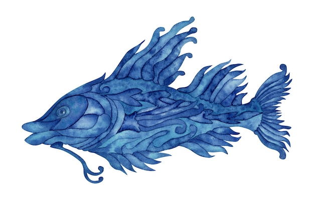 Ilustración acuarela dibujada a mano de pescado azul de fantasía