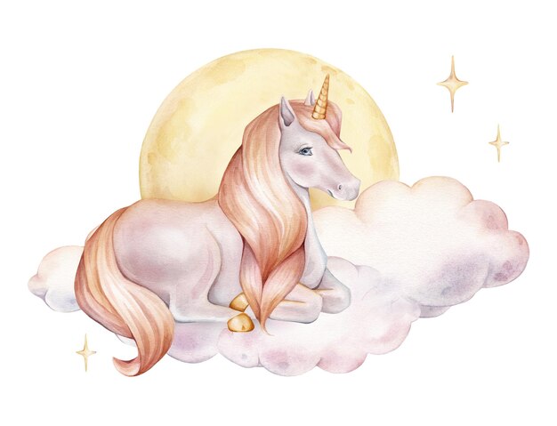 Ilustración de acuarela dibujada a mano del unicornio sentado y la luna con estrellas y nubes para invitaciones a la ducha de bebés o arte de pared de la guardería Pony de fantasía para tarjetas de felicitación para niños