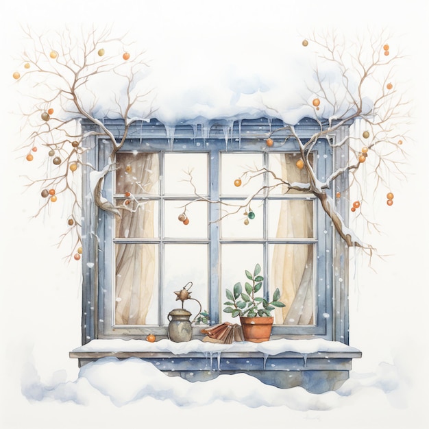 Ilustración de acuarela dibujada a mano ventana de invierno sobre fondo blanco