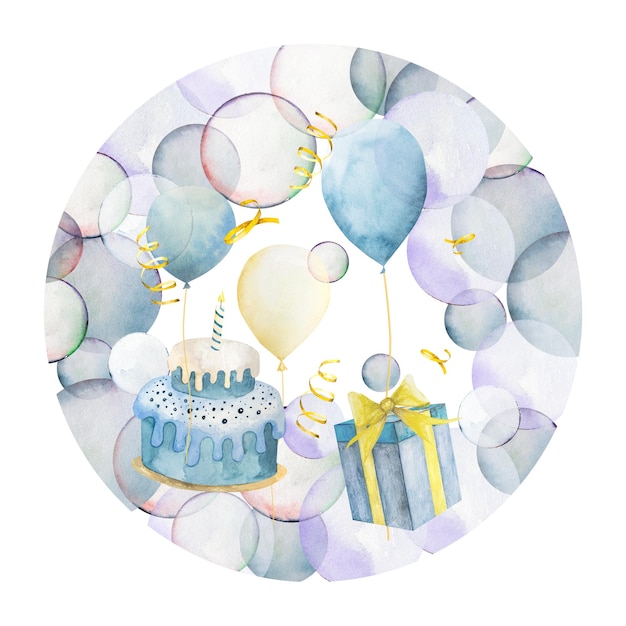 Ilustración en acuarela dibujo a mano tarjetas de marco lindo con un pastel globos cintas burbujas de jabón