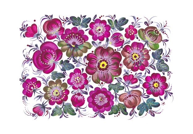 ilustración de acuarela con dibujo de patrón floral, petrykivka dibujado a mano