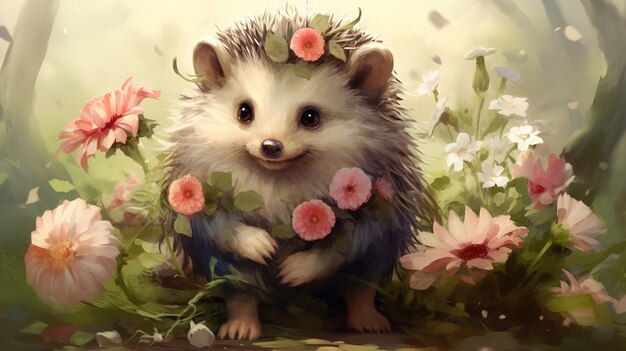 Ilustración acuarela dibujo de un pequeño erizo muy lindo con flores en sus patas en el césped