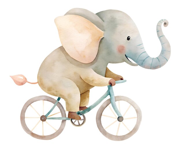 Foto ilustración en acuarela con dibujos animados elefante gracioso en bicicleta aislado sobre fondo blanco