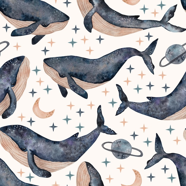 Foto ilustración de acuarela con dibujos sin costuras de ballenas y estrellas