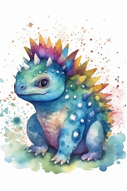 Una ilustración de acuarela de un dinosaurio con una cabeza de color arco iris.