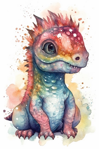 Una ilustración de acuarela de un dinosaurio con una cabeza de color arco iris.