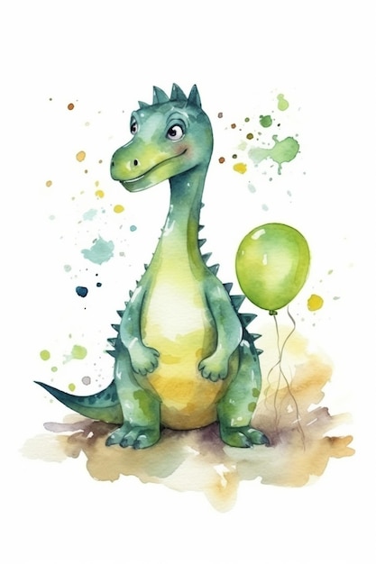 Una ilustración en acuarela de un dinosaurio con un globo.