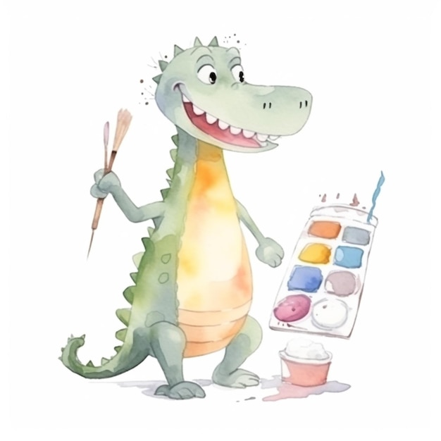Una ilustración en acuarela de un dinosaurio pintando una imagen de una persona sosteniendo un pincel.