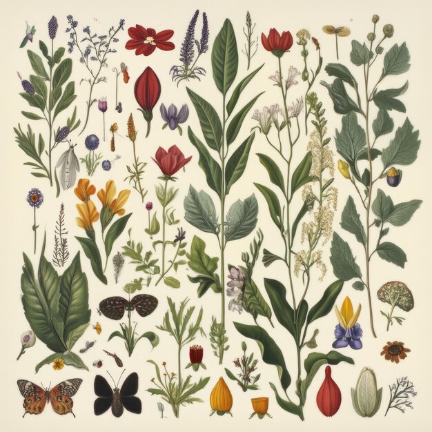 Ilustración en acuarela de diversos especímenes botánicos con insectos, flores y hojas