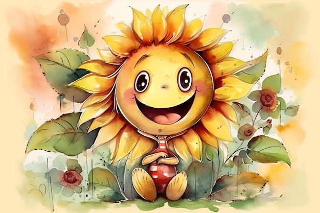 Ilustración en acuarela de un divertido personaje de flor de girasol