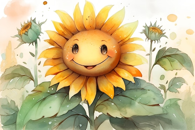 Ilustración en acuarela de un divertido personaje de flor de girasol