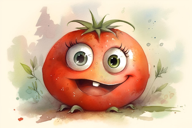 Ilustración en acuarela de un divertido personaje de tomate