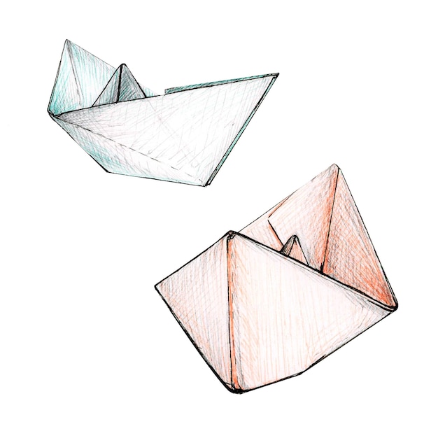 Ilustración en acuarela de dos barcos de papel dibujados a mano aislados en un boceto de fondo blanco