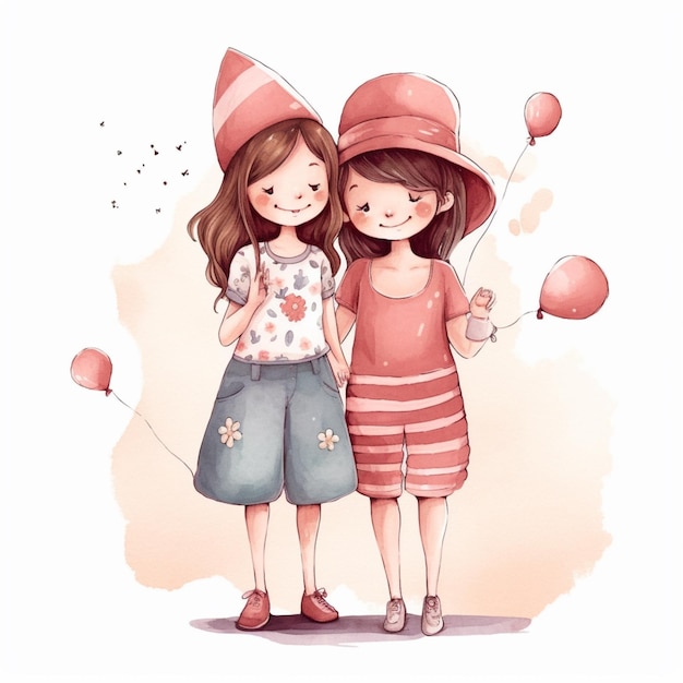 Una ilustración en acuarela de dos chicas con sombreros y una con un sombrero con la palabra amor.