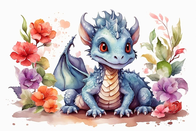 Ilustración en acuarela de dos dragones lindos con flores en el fondo