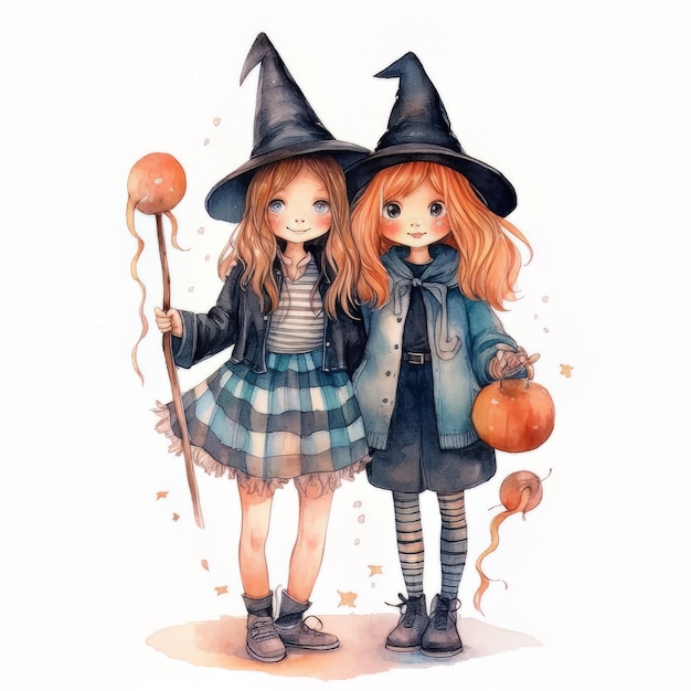 Una ilustración de acuarela de dos niñas en disfraces de Halloween.