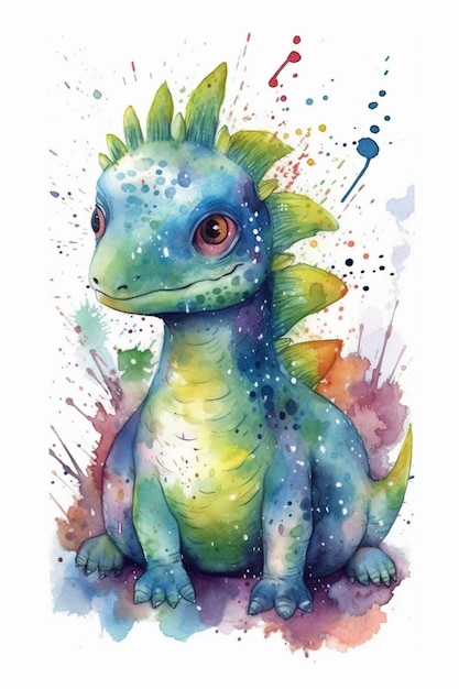 Una ilustración en acuarela de un dragón azul con una cola verde y una cola verde.