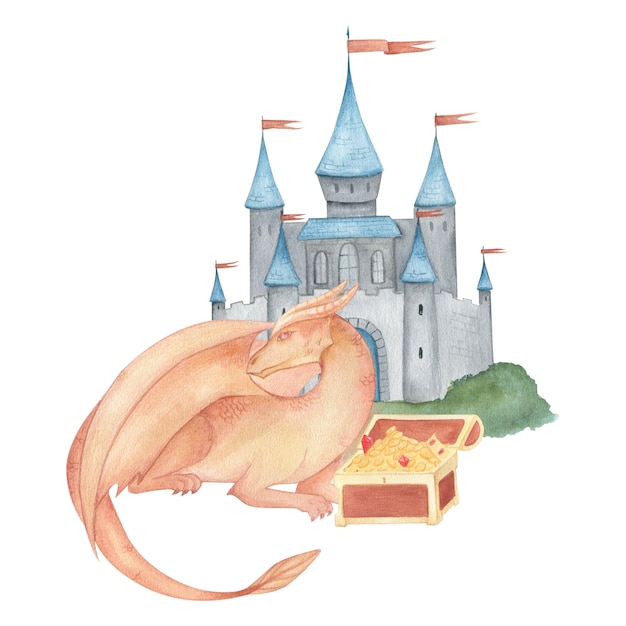 Ilustración en acuarela de un dragón de fantasía en naranja y rojo y una pila de tesoros de madera antigua