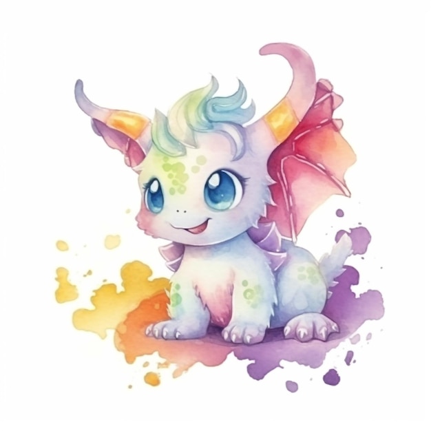 Una ilustración de acuarela de un dragón con una melena de arco iris.