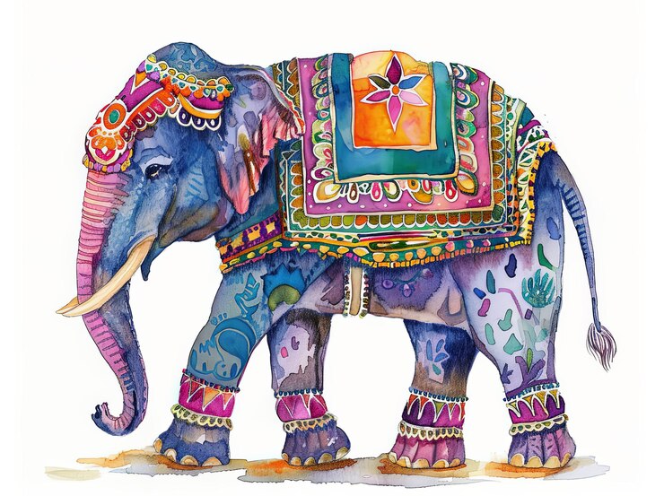 Ilustración en acuarela con un elefante de colores de fondo blanco