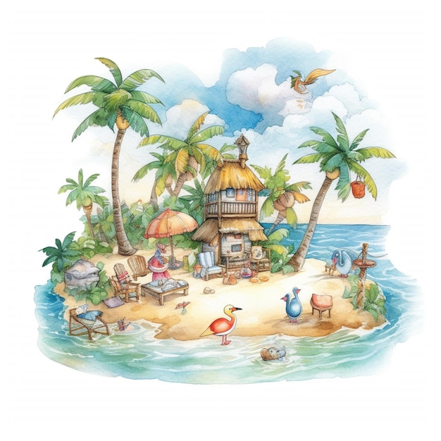 Una ilustración en acuarela de una escena de playa con una escena de playa y una casa en ella.