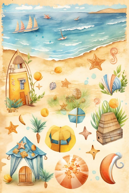 Una ilustración en acuarela de una escena de playa con una escena de playa y una escena de playa.