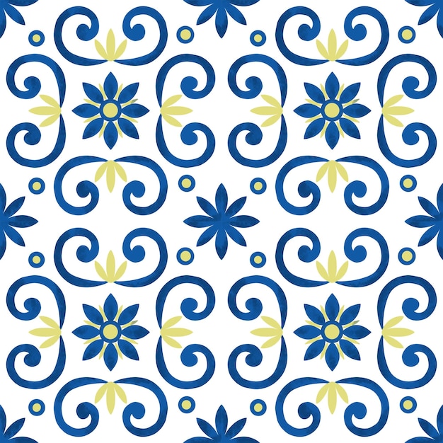 Ilustración en acuarela de estilo azulejo en tonos azules y amarillos este tradicional portugués