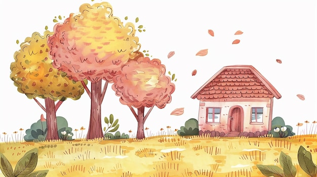 Una ilustración de acuarela en estilo clipart con una casa