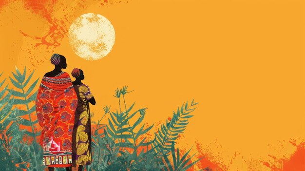 Ilustración en acuarela de estilo vintage Día de África silueta de niñas africanas en traje nacional en el fondo de la sabana copia espacio libre para el texto