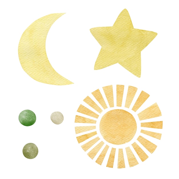 Ilustración de acuarela de estrella de sol y luna aislada sobre un fondo blanco