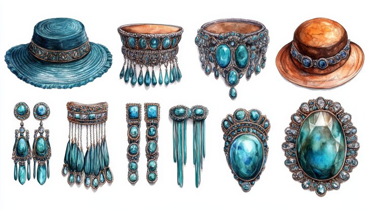 Foto ilustración en acuarela de un exquisito conjunto de joyas