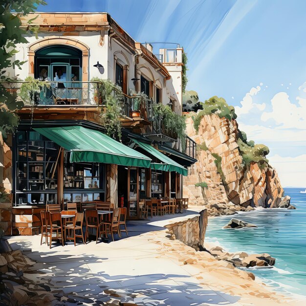 Foto ilustración en acuarela de un exterior de café vintage un café mediterráneo junto a un acantilado durante un viento sirocó de verano con cortinas ondulantes