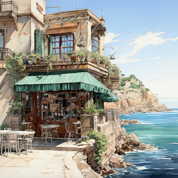 Foto ilustración en acuarela de un exterior de café vintage un café mediterráneo junto a un acantilado durante un viento sirocó de verano con cortinas ondulantes