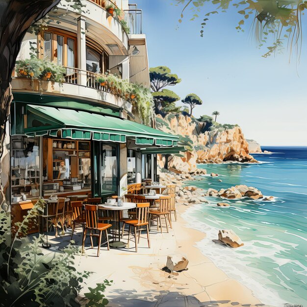 Foto ilustración en acuarela de un exterior de café vintage un café mediterráneo junto a un acantilado durante un viento sirocó de verano con cortinas ondulantes