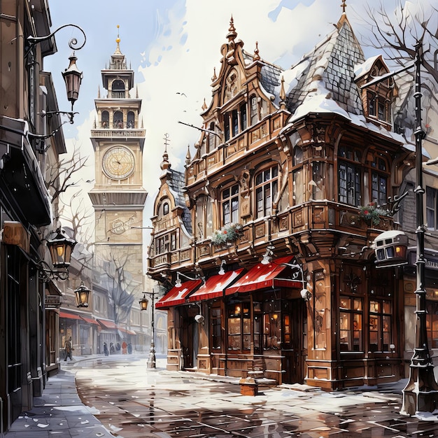 Ilustración en acuarela del exterior de una cafetería vintage Una cafetería steampunk en el corazón de una bulliciosa plaza de mercado cubierta de nieve