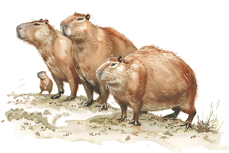 Foto ilustración en acuarela de una familia de capíbaras